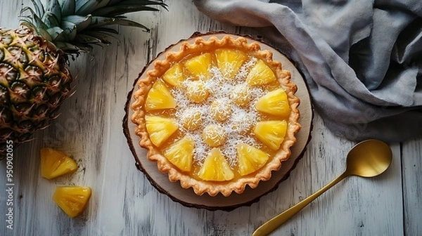 Fototapeta A homemade pineapple tart with coconut flakes on top on a wooden board with a golden spoon and pineapple pieces nearby.