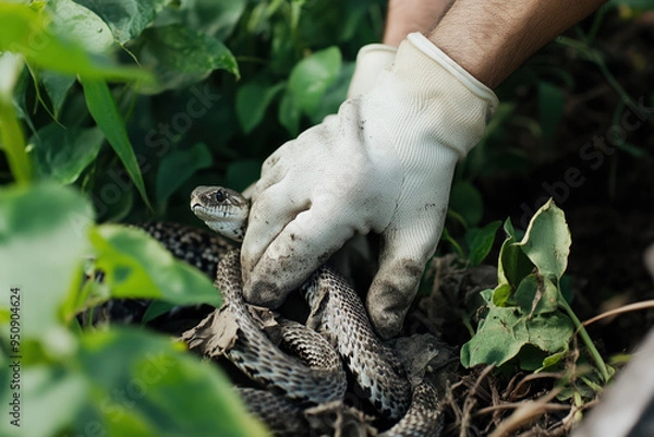 Fototapeta Gloved hand holding a snake during pest control in a garden.