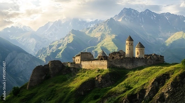 Fototapeta An ancient stone fortress sits on a hilltop with a dramatic mountain backdrop.