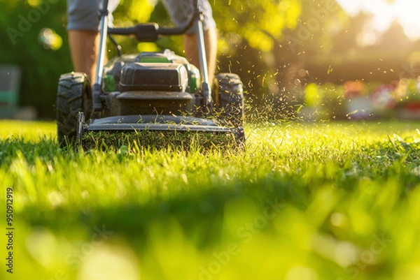 Fototapeta Side view of man using lawn mower cutting the grass in the backyard.