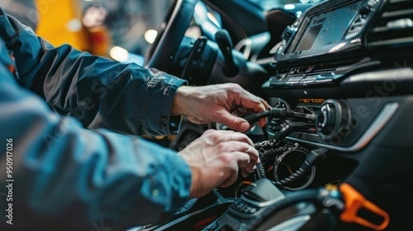 Obraz Auto electrician installing car radio using wires in a workshop