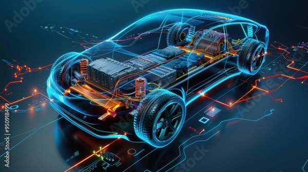 Obraz Electric car hologram showing the battery and engine while driving on a digital road
