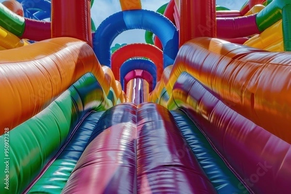 Fototapeta Air escapes from inflatable obstacle course in amusement park Description of various attractions Holiday planning