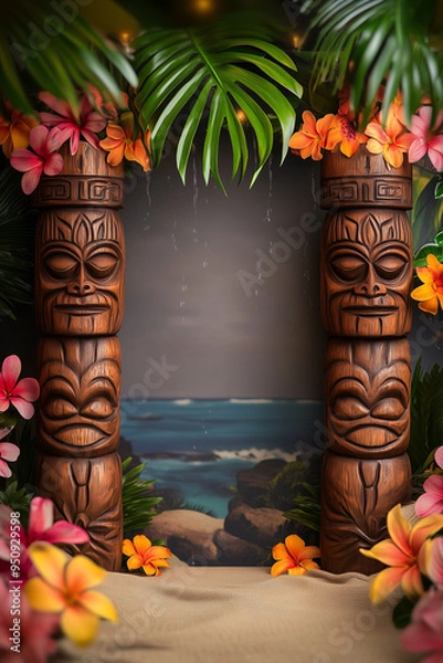 Obraz Hawaiian tiki beach border for a custom message or design background, photo backdrop - ocean waves, flowers, palm leaves - Polynesian carved statues, luau invitation