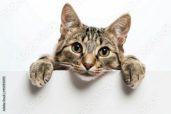 Obraz Amusing pet cat holding sign on white background with space for text
