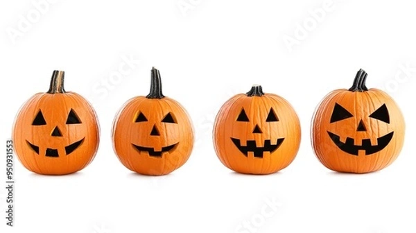 Fototapeta Set of four funny halloween pumpkins. Isolated on white background. --ar 16:9 --v 6.1 Job ID: f075b43b-8547-4698-81a2-37f7b186764c
