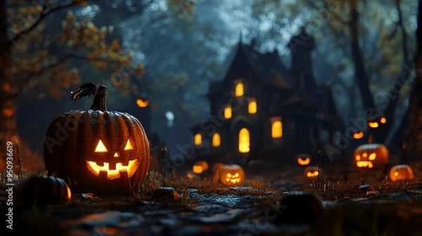 Fototapeta Halloween background with pumpkins and haunted house - 3D render. Halloween background with Evil Pumpkin. Spooky scary dark Night forrest. Holiday event halloween banner background concept