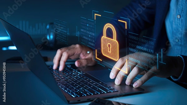 Fototapeta Hacker or Cybersecurity Professional Working on Laptop with Digital Padlock Symbol for Security or Data Protection on Dark Background, Technology, Cybersecurity, Data Safety, Security Measures