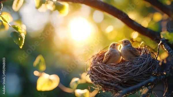 Fototapeta A pair of birds nesting together in a tree, symbolizing a harmonious home life, natural harmony, love and relationship