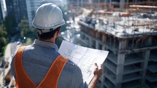 Fototapeta A construction worker in a hard hat reviewing plans, with a building framework rising in the background, construction site, project development