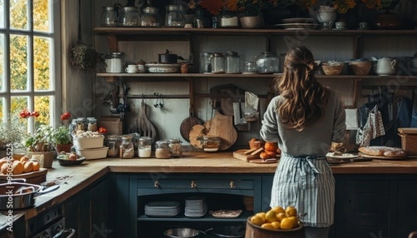 Fototapeta Cozy Countryside Kitchen with Woman Cooking