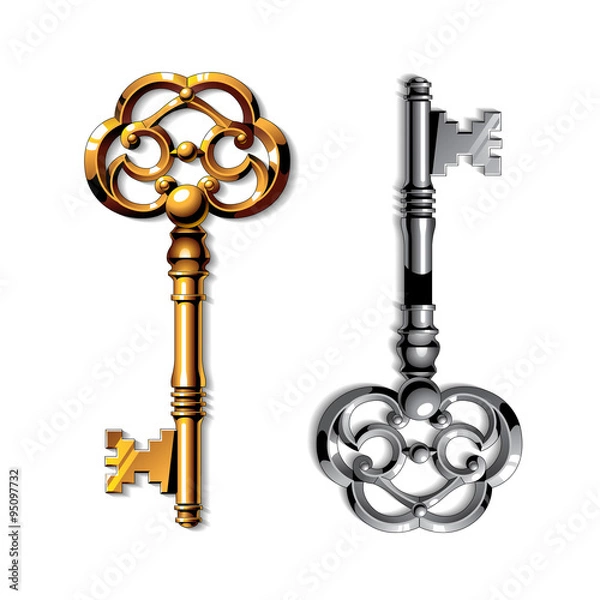 Fototapeta Gold and silver realistic vintage isolated keys