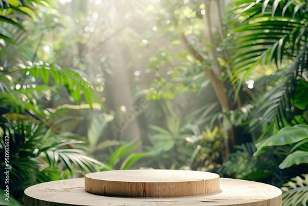 Fototapeta Wooden table top in a tropical garden with green jungle background representing nature during spring or summer