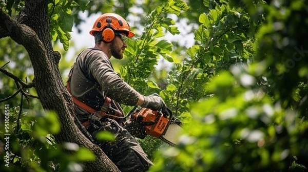 Obraz Professional Arborist Trimming a Tree with a Chainsaw in Safety Gear, Surrounded by Lush Green Leaves