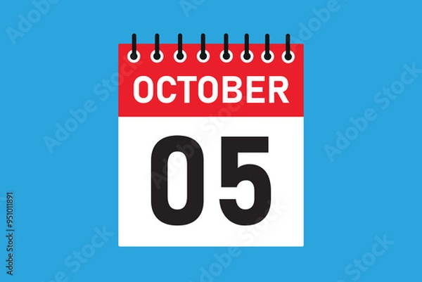 Fototapeta 05 October . 5th October  professional modern exclusive daily calendar design. Meeting schedule flat icon icon design. White and red color paper. White,black color text. Vector illustration eps 10.