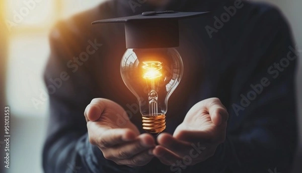 Fototapeta E-Learning Graduate Certificate Program: Man Hands Holding Graduation Hat In Light Bulb Symbolizing Internet Education, Study Knowledge, Creative Thinking, And Problem-Solving Solution.
