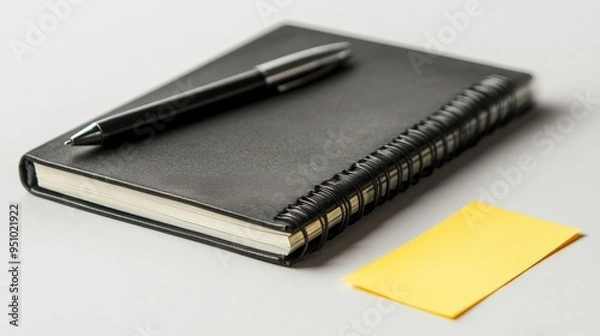 Fototapeta Black notebook with pen and sticky note. A photo perfect for showcasing organization, ideas, and productivity.