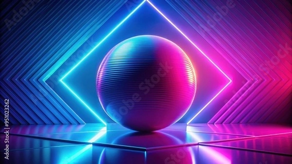 Fototapeta Volumetric pink and blue ball on geometric neon background with parallelogram pattern technology,