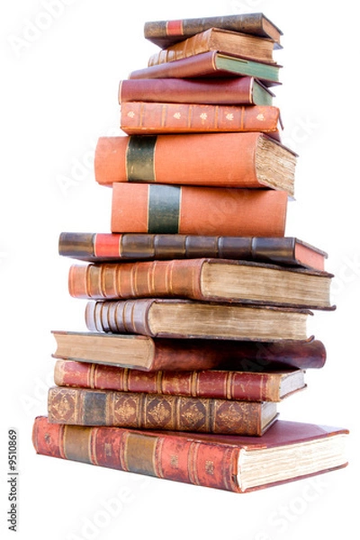 Obraz A pile of antique leather books isolated on a white background