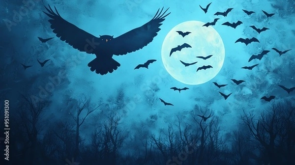 Obraz Nocturnal animals, owls and bats, moonlit forest, 3D illustration