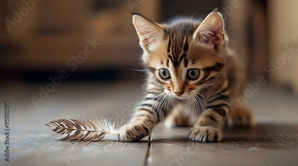 Obraz Adorable Bengal kitten playing joyfully with a feather toy on a warm wooden floor expressing its natural curiosity and playful spirit