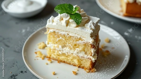 Fototapeta A Slice of Vanilla Cake with Whipped Cream and Mint