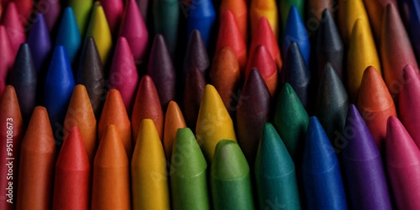 Fototapeta Dicht gedrängte farbige Wachsmalstifte, spitz zulaufend, in einem dynamischen und lebendigen Farbverlauf angeordnet, ideales Material für kreative Kunst- und Bastelprojekte