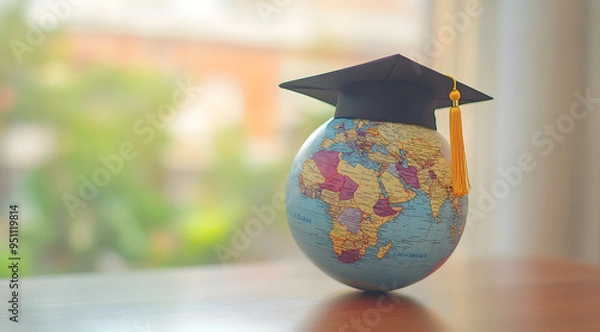 Fototapeta A Globe with a Graduation Cap on a Blurred Background, Representing Global Education and Academic Achievement, Perfect for Illustrating International Education, Graduation Success, and the Integration
