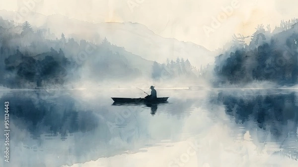Obraz A tranquil fisherman alone on a foggy lake, soft watercolor strokes depicting the misty morning atmosphere, the calm waters reflecting the serene scene