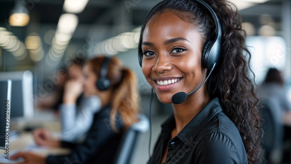 Obraz A smiling african american woman in a black shirt and headphones, working as a customer service representative, sitting at a desk in an office environment with diverse coworkers in the background