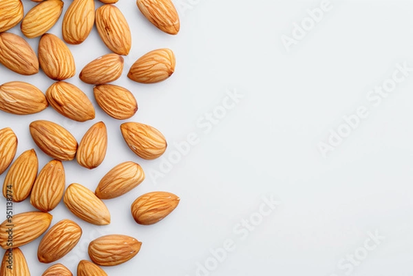 Obraz Top view of almonds on white isolated background. Copy paste area on side. Generative AI