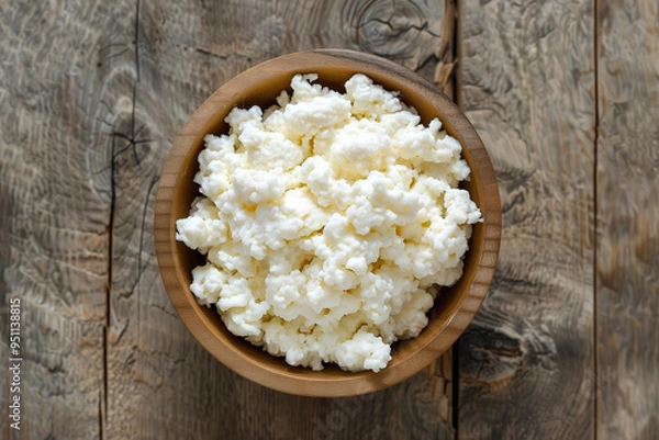 Fototapeta Cottage cheese on wooden bowl with rustic style background. Generative AI