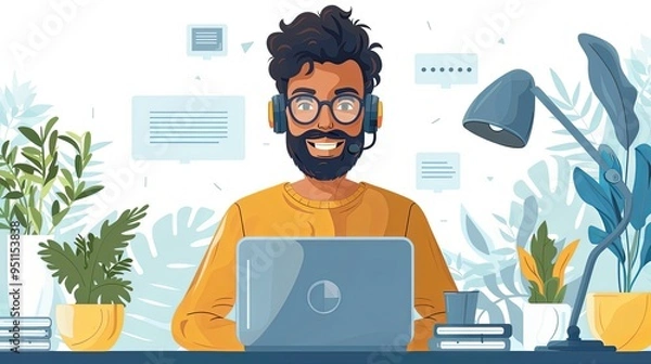 Fototapeta Call center, online customer support. Contact Us Customer Service For Personal Assistant Service, Person Advisor and Social Media Network. 3D Web Vector Illustrations
