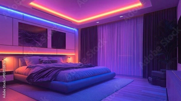 Fototapeta Smart home lighting system with color-changing capabilities and energy monitoring, modern design, in a bedroom, glowing in various hues