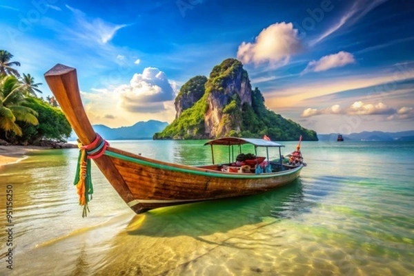 Fototapeta Thai Coast (Beautiful beaches, islands, and vibrant culture) in the morning, a majestic long-tail boat, docked on the beach, with its vibrant colors and intricate designs