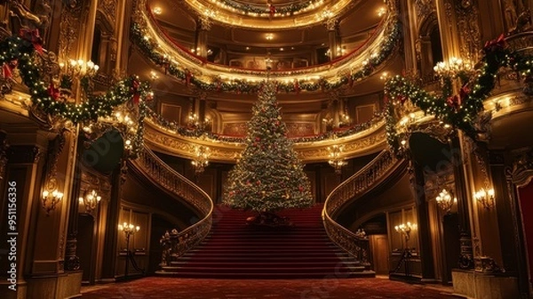 Fototapeta Majestic Christmas Theatre Staircase with Sparkling Tree