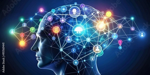 Fototapeta Abstract mind map of strategic thinker with interconnected ideas, symbols, and complexity