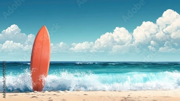 Fototapeta A fun and vibrant clipart of a surfboard standing in the sand, with waves crashing behind it and a clear blue sky above.
