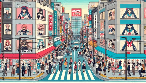 Fototapeta The concept of the image of Akihabara, the sacred place of Japanese animation. Vector illustration.