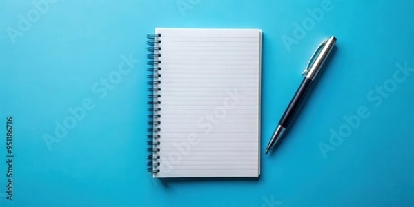 Fototapeta Notebook and pen resting on top of blank paper with blue background, paper, pen, notebook, blue, blank