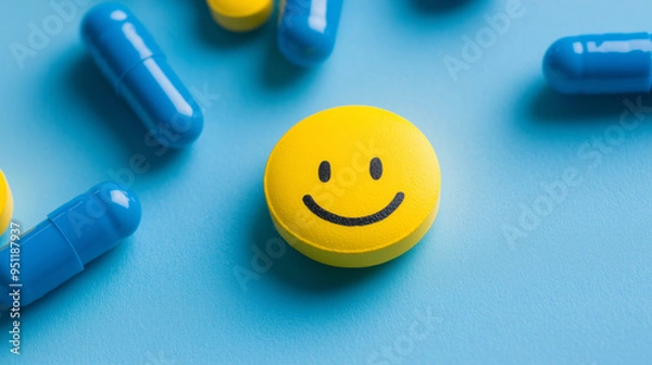 Obraz Yellow pill with smiley face and blue pills on blue background. Depression treatment concept