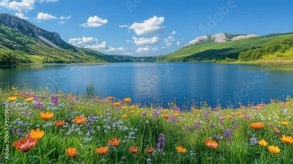 Fototapeta A lake surrounded by lush green hills, with wildflowers blooming along the shoreline on a bright summer day.