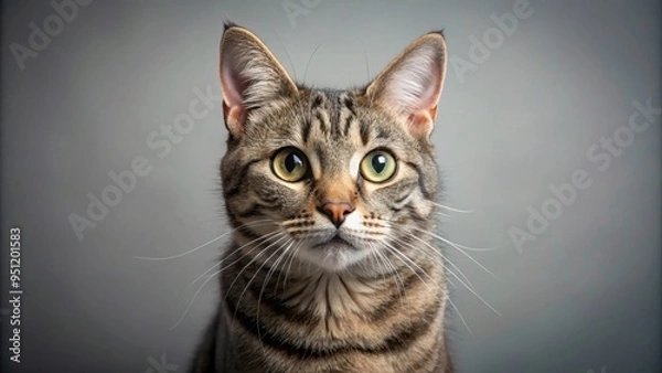 Obraz A close-up photo of a playful and curious gray tabby cat, feline, domestic animal, pet, whiskers, fur, cute, eyes, adorable