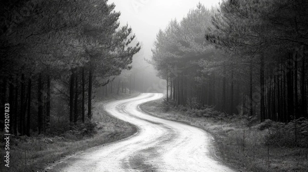 Fototapeta Winding road through a forest of tall pines, monochromatic, high contrast, mystical atmosphere, peaceful solitude