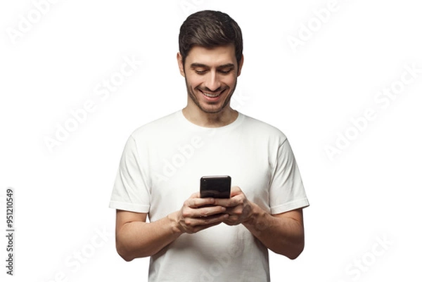Fototapeta Young man standing, looking at screen of phone with smile, browsing web pages or chatting with friend