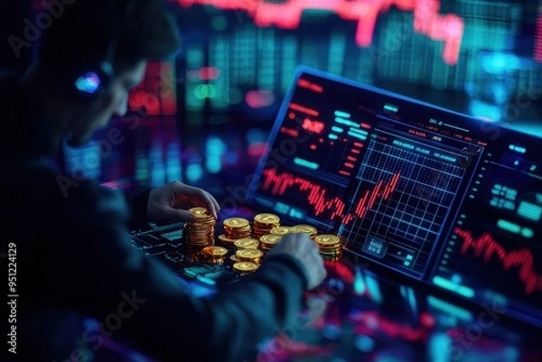 Fototapeta Person analyzing cryptocurrency market trends on a futuristic screen with gold crypto coins in a digital financial trading environment.