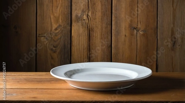Fototapeta empty melamine plate centered on wood table wide background