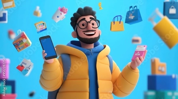 Fototapeta Cheerful Character Holding Phone and Floating Shopping Icons