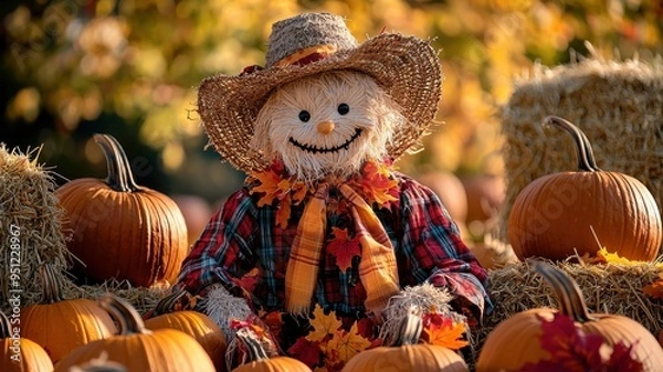 Obraz A cheerful scarecrow surrounded by vibrant pumpkins in a picturesque autumn setting, perfect for seasonal themes and decorations.