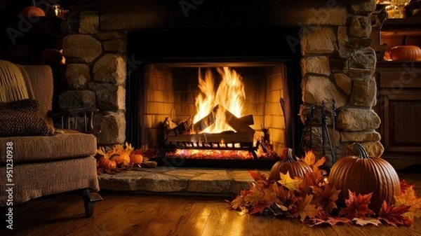 Fototapeta Cozy fireplace adorned with autumn leaves and pumpkins, creating a warm and inviting atmosphere for fall gatherings.